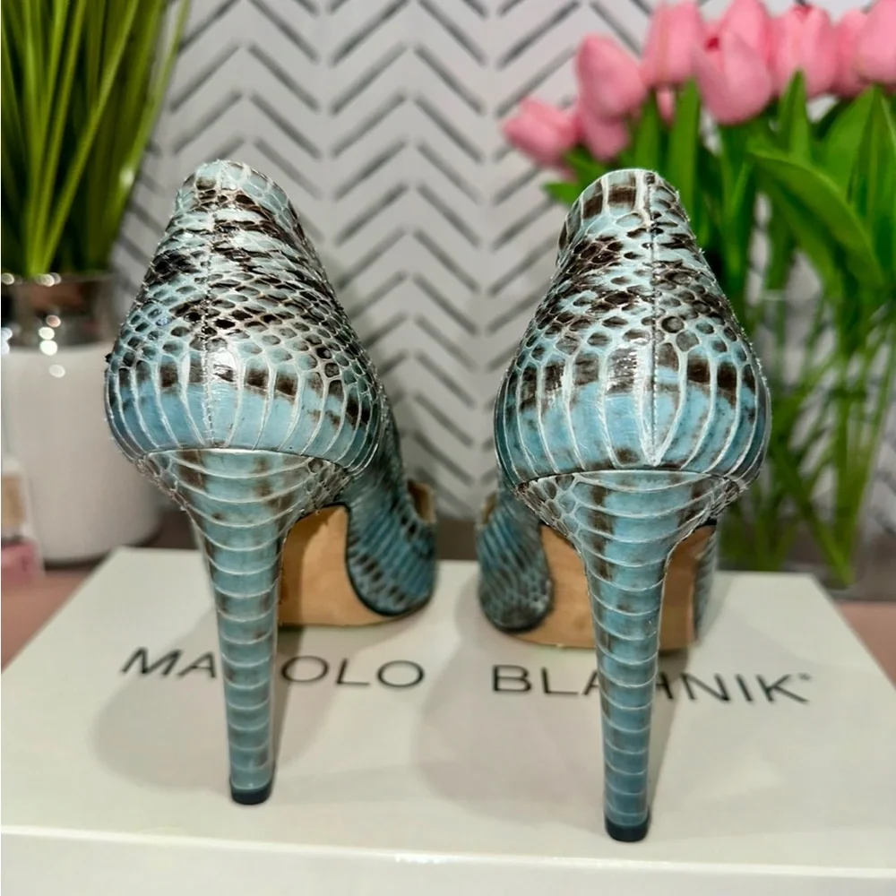 Manolo Blahnik Teal Snake-Print Open-Toe Stiletto Heels - Picture 2 of 10